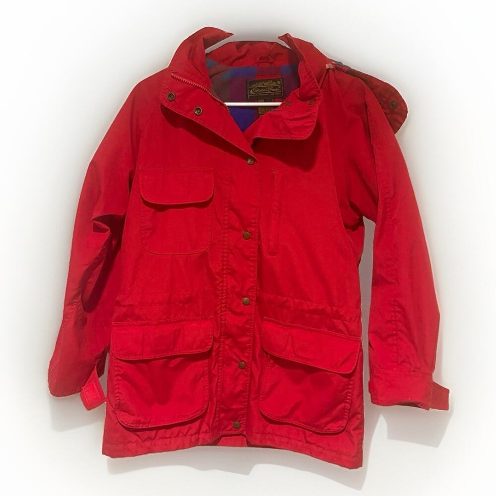 Vintage 90s Eddie Bauer Mountain Parka Jacket Womens Petite Red Wool Lined Hood